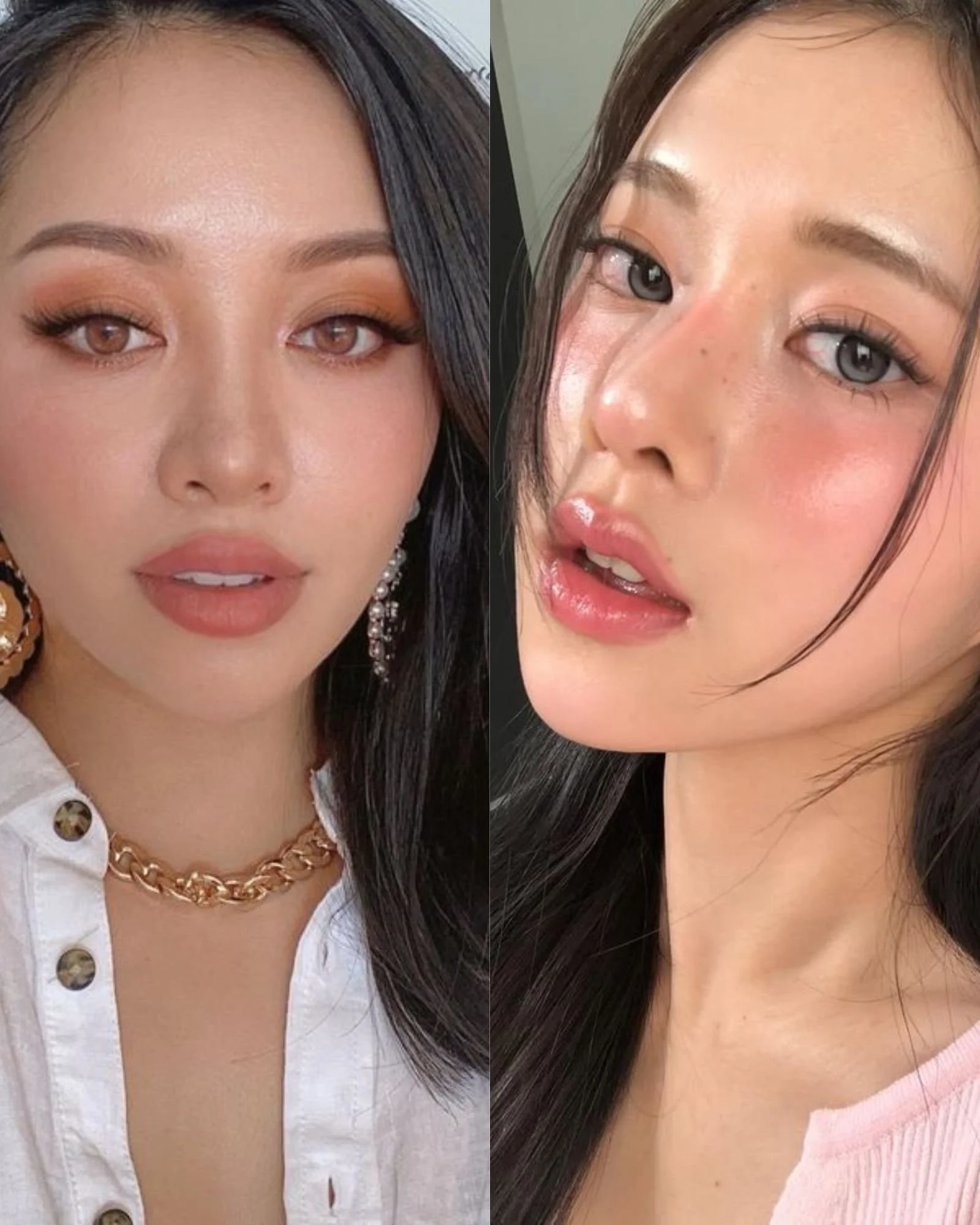 Side-by-side close-up of two women wearing different makeup colour directions, with warm bronze and peach tones on the left and soft cool pink tones on the right.