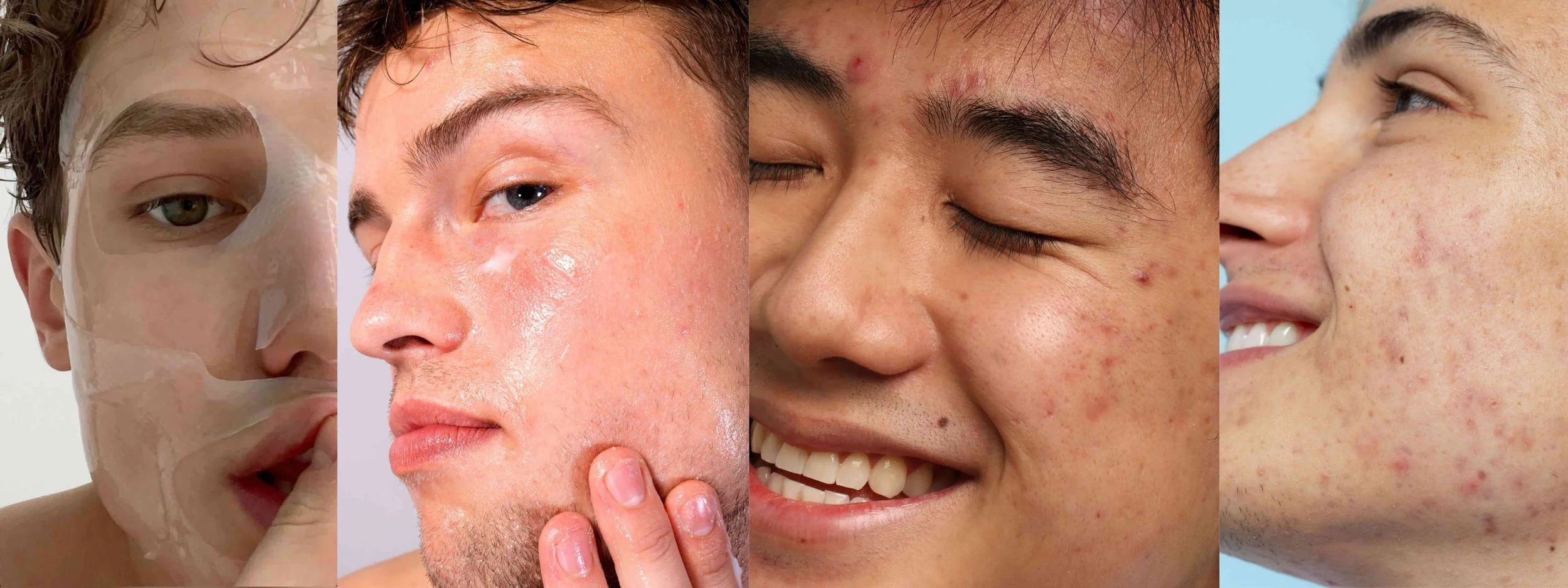 4 images of different men showing different types of skins, textures and skin conditions