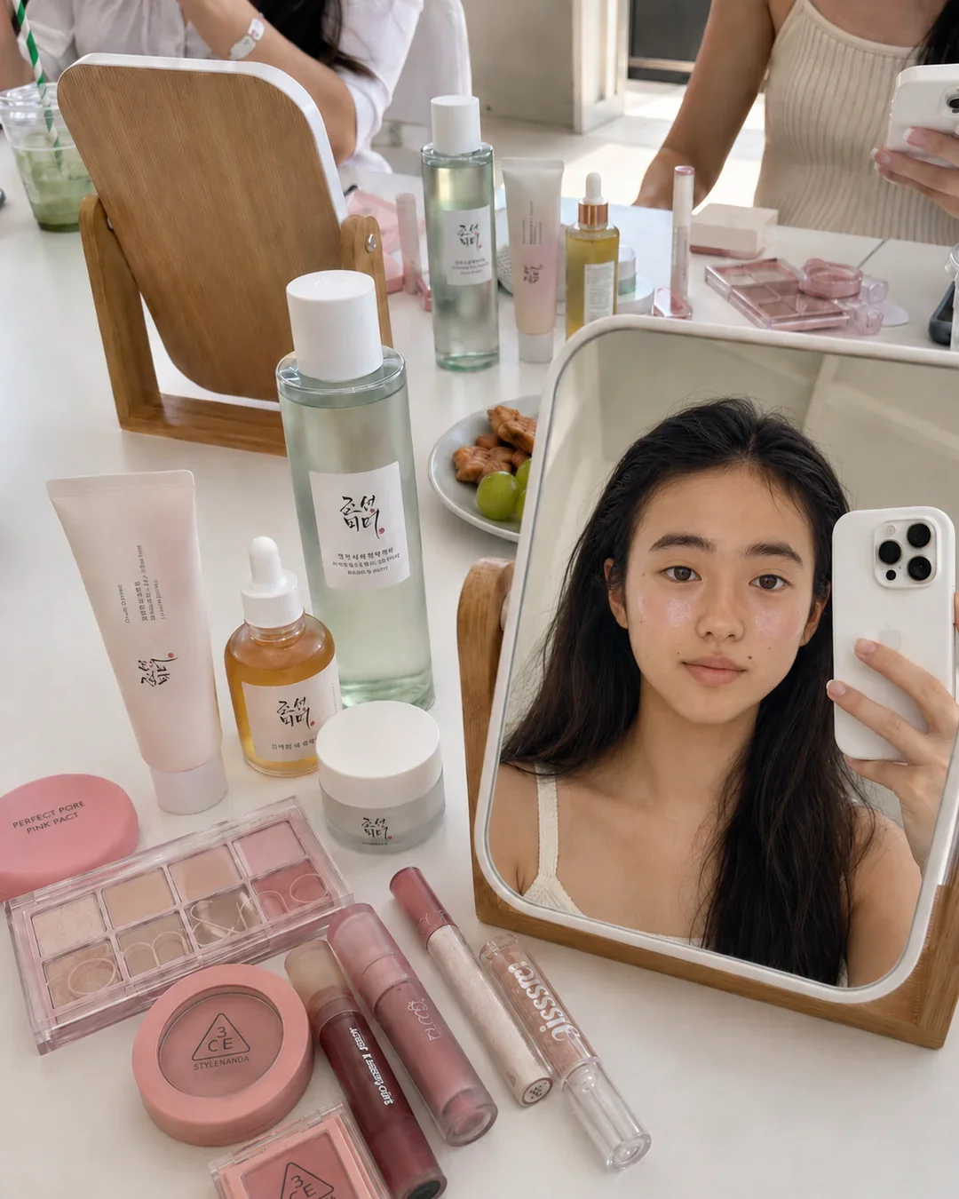 Mirror selfie setup with Korean skincare and makeup products on a table, representing MMNine Lab’s group makeup workshops, beauty education, and hands-on makeup learning sessions.