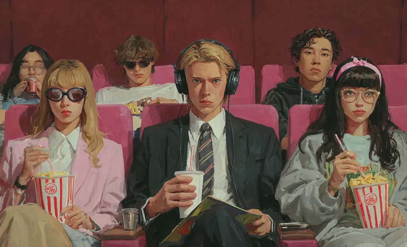 A cinematic illustration of individuals seated in a theatre, each styled differently, symbolising how personal image, identity, and perception vary in modern visual culture.