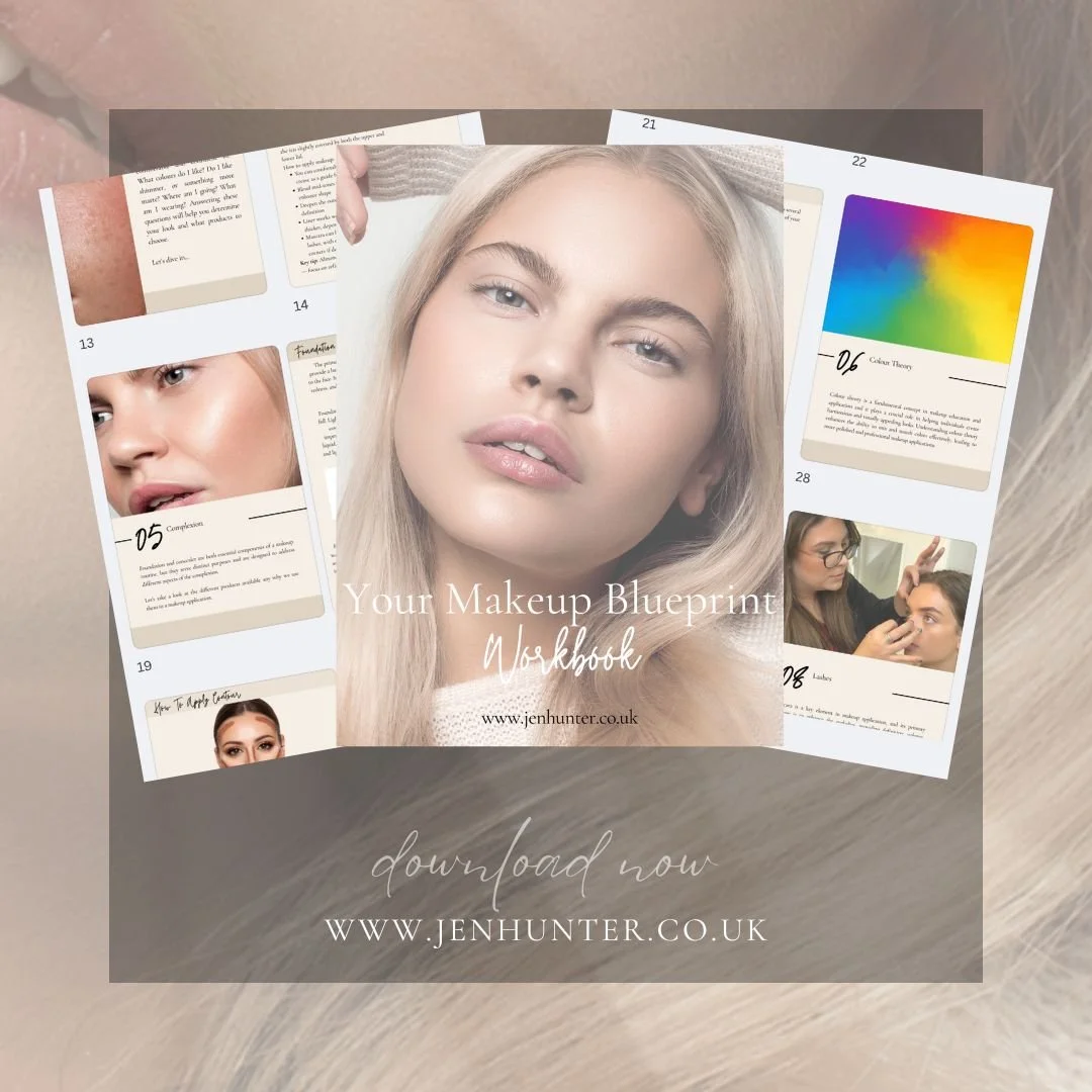 Promotional graphic for a makeup blueprint workout, featuring images of a woman with makeup, a color theory chart, and makeup application. Includes website URL jenhunter.co.uk and call to action to download now.