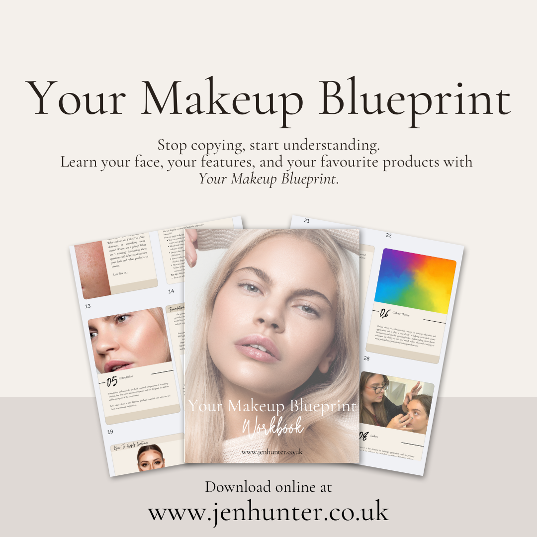 Cover of a makeup blueprint workbook with photos of a woman with blonde hair and makeup applications, surrounded by sample pages showing color theory and makeup tips, on a beige background.