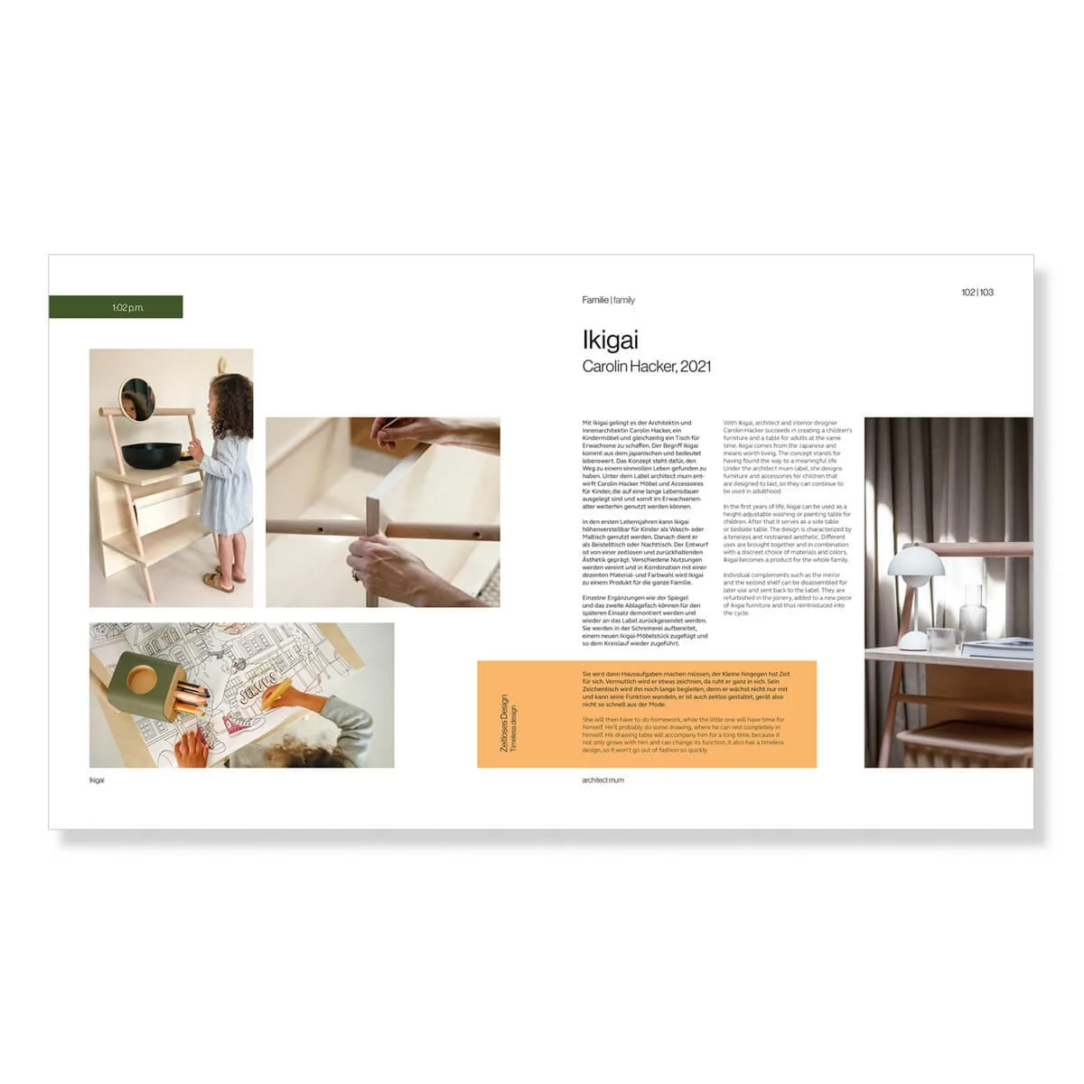 Eine Zeitschriftenseite mit Text und vier Fotos. Das erste Foto zeigt ein Mädchen, das eine Spielküche spielt. Das zweite Foto zeigt eine Person, die ein Möbelstück zusammenbaut. Das dritte Foto zeigt ein Kind, das bei einer Bastelaktivität Papier sc