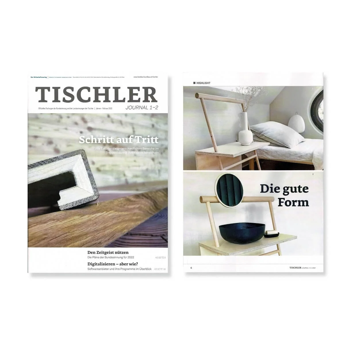 Zwei offene Magazinseiten über Möbel und Design, mit Bildern von Holzmöbeln und Texten in Deutsch.