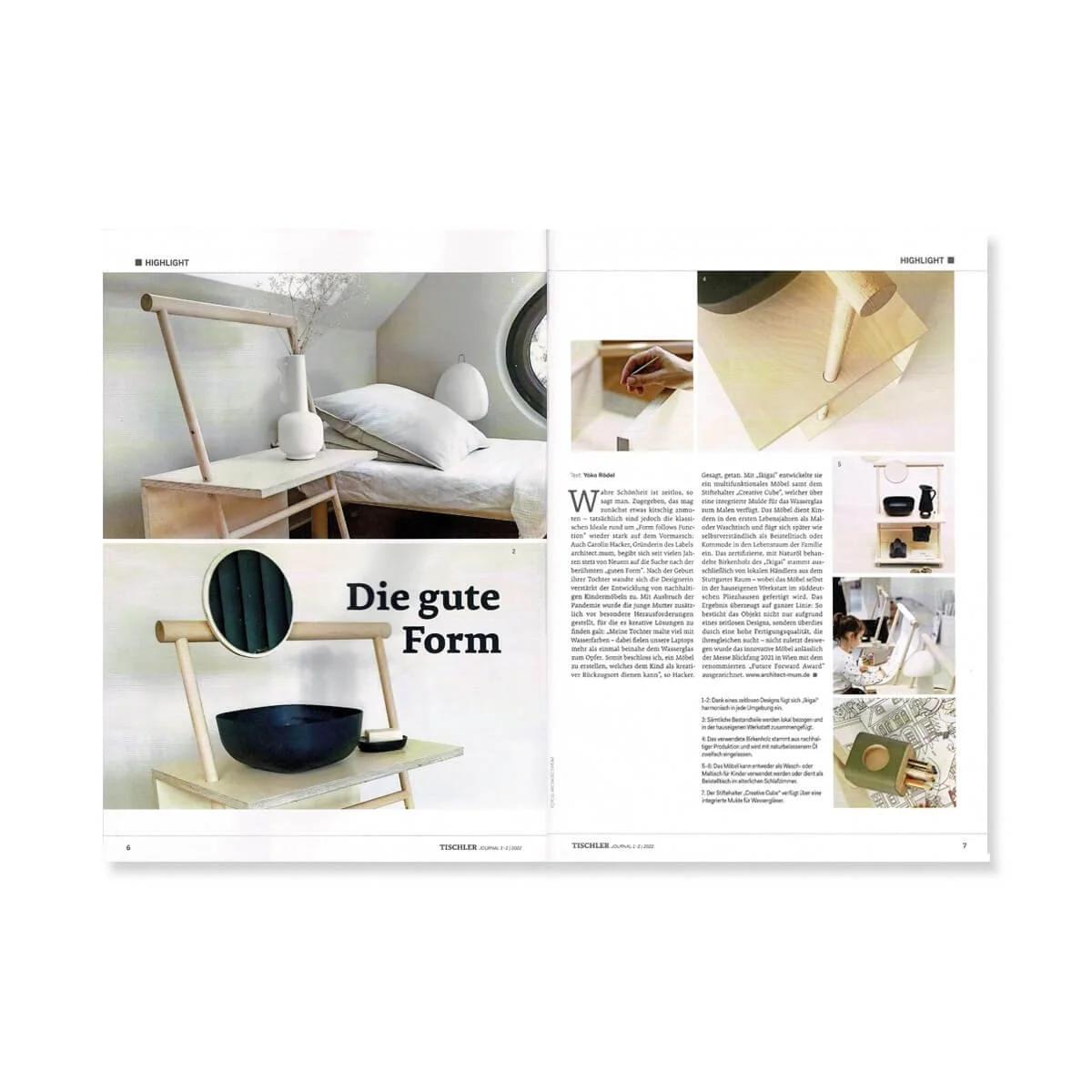 Zeitschrift mit Bildern von Möbeln, darunter ein Bett mit Nachttisch, Schalen, und Dekorationsgegenständen aus Holz, sowie Textelemente.