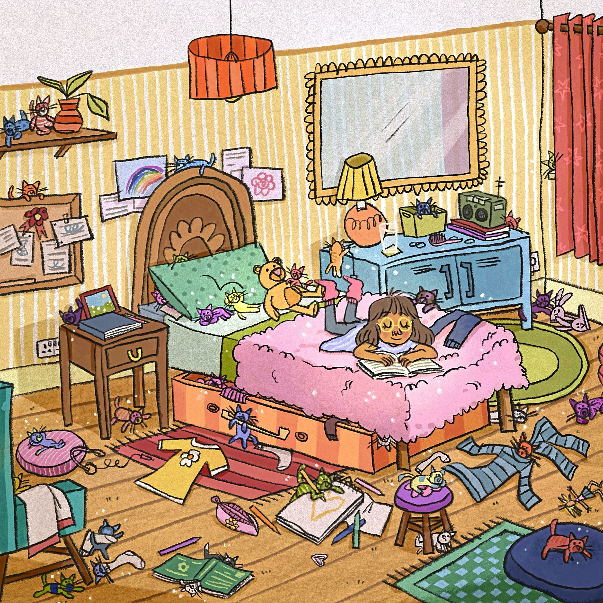 What a bedroom! How many cats can you find? 🐈🐈&zwj;⬛🐱

#tamilartist #kidlit #picturebook #cats #dreambedroom