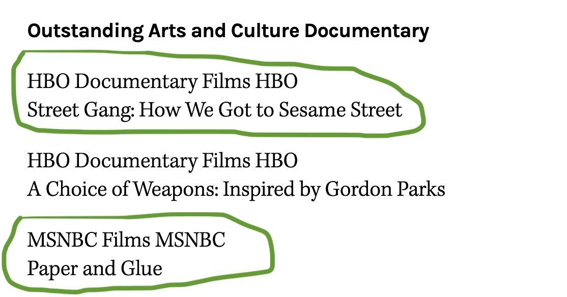 2 of our documentary projects are up for Emmys: Best Documentary and Outstanding Arts and Culture Documentary!