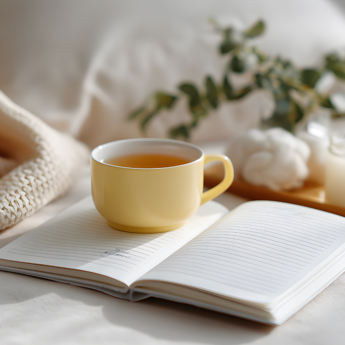 Journal with cup of tea.