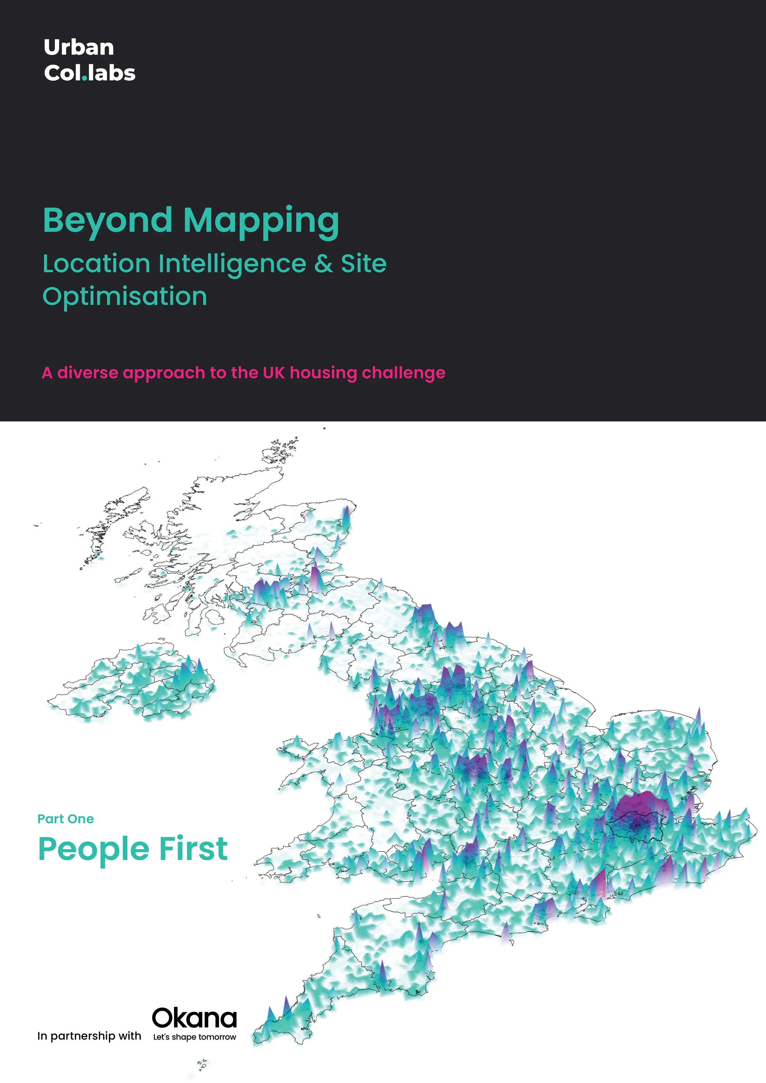 An image showing a 3d map of the UK illustrating population density represented by the z axis. the title of the paper: Beyond mapping - location in telligence and site optimization. Part one: People First by Urban Collabs in partnership with Okana