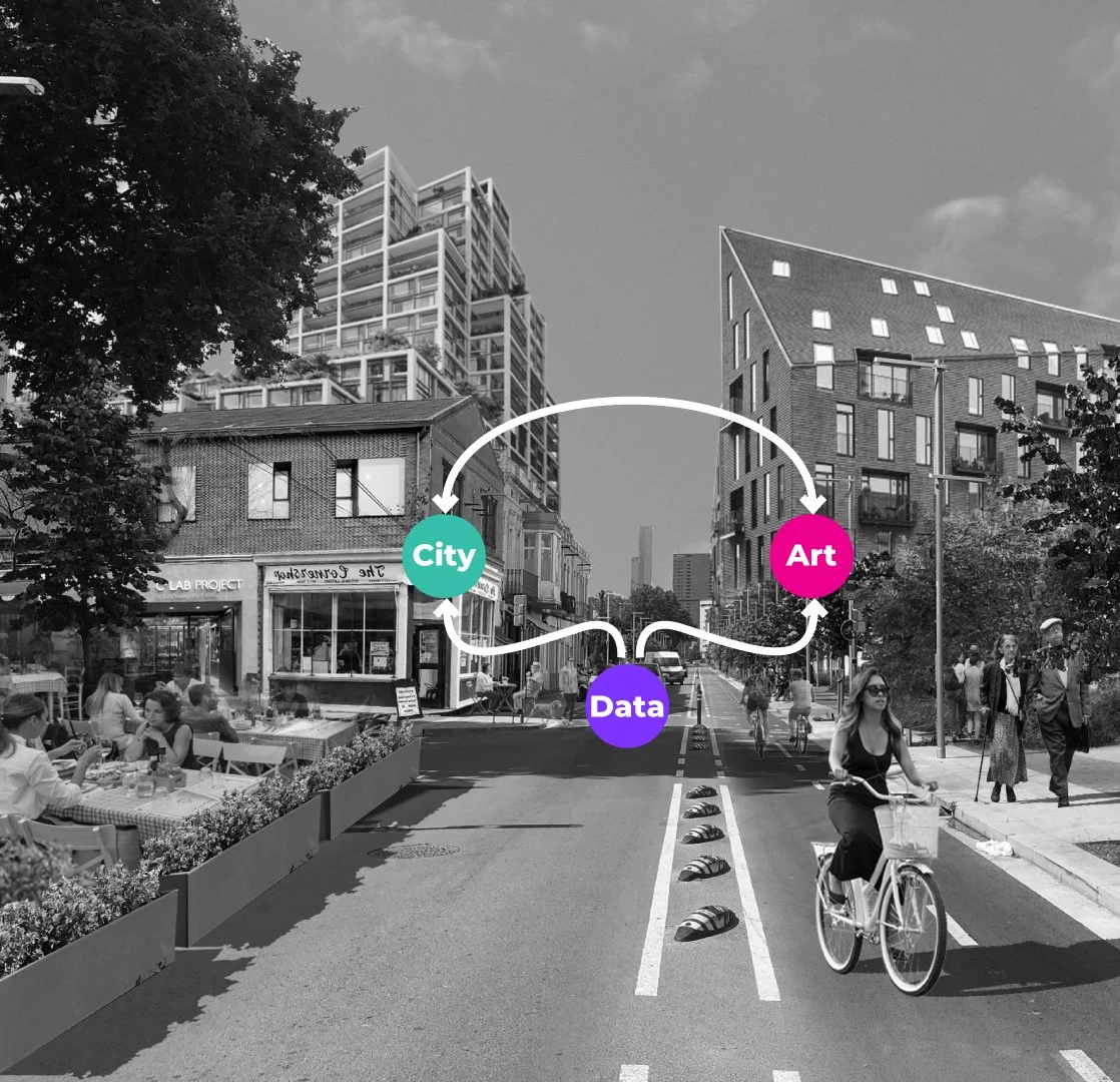 Urban street scene with people, buildings, and a woman riding a bicycle in the foreground. Overlay includes colorful labels for 'City', 'Art', and 'Data' with arrows indicating a connection between them.