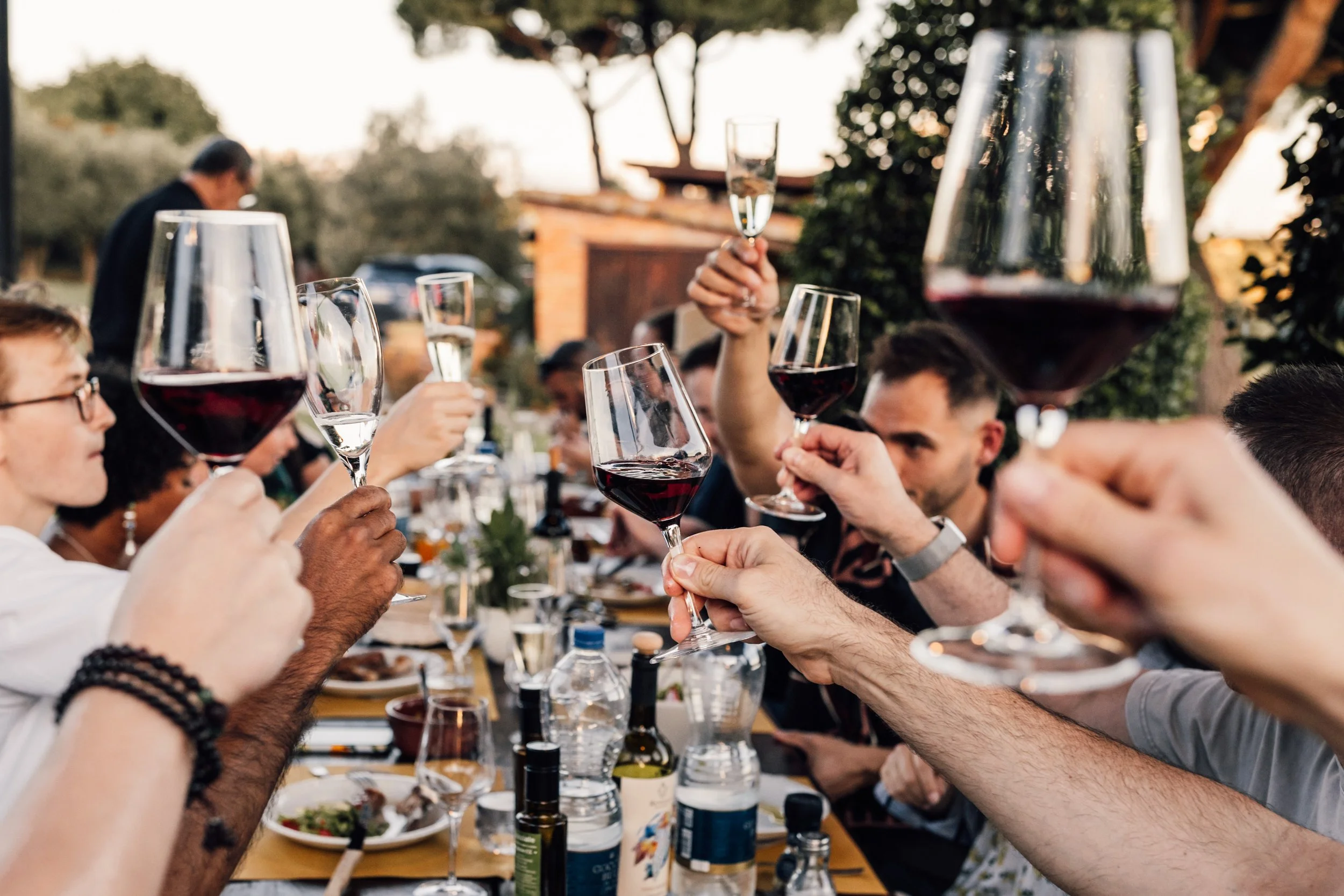 People gathered around a table outdoors, raising glasses of red wine in a toast during a social gathering or celebration at sunset.