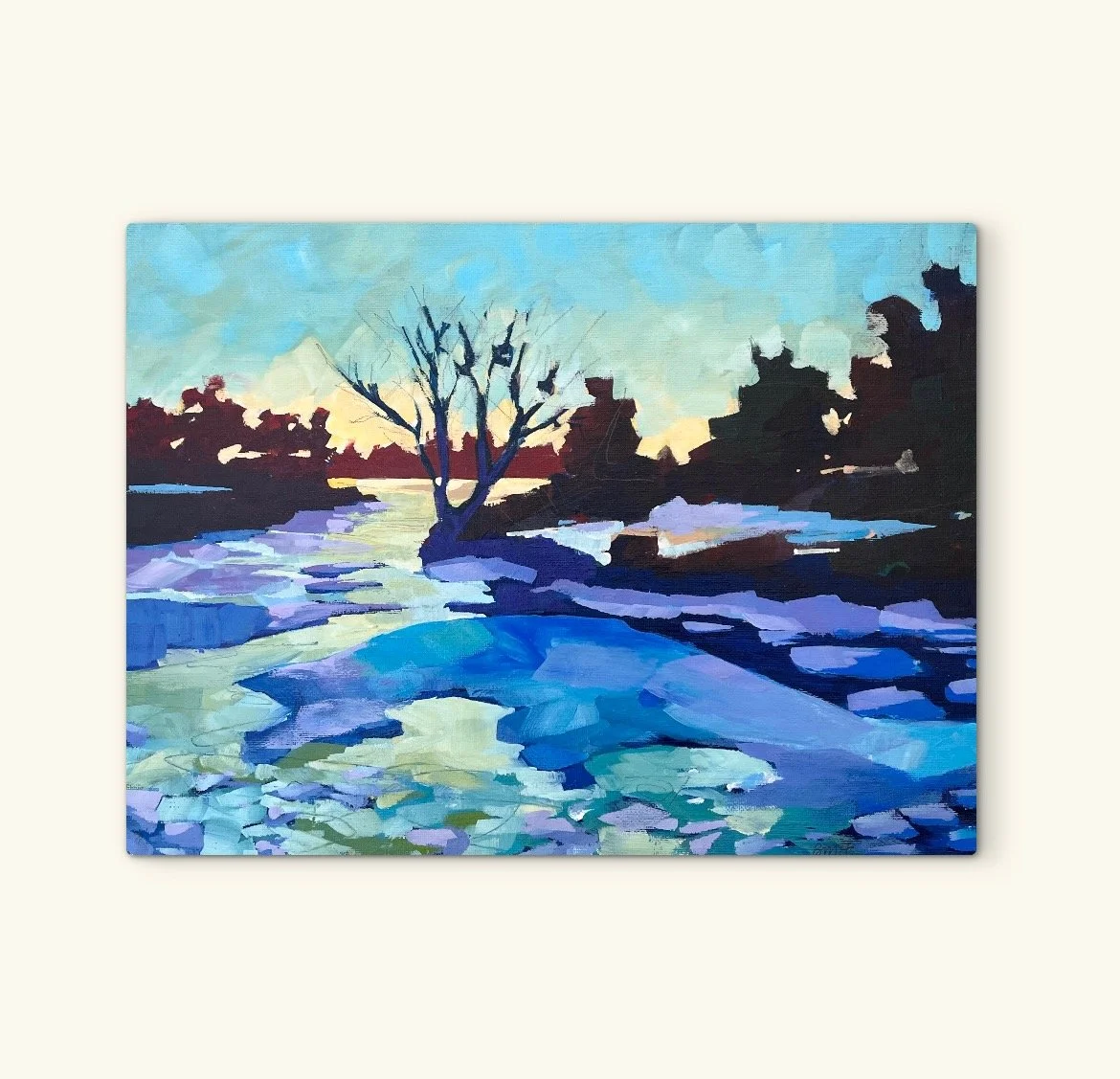 Winter Water Study, 12" x 16", Acrylic Painting on Canvas Panel