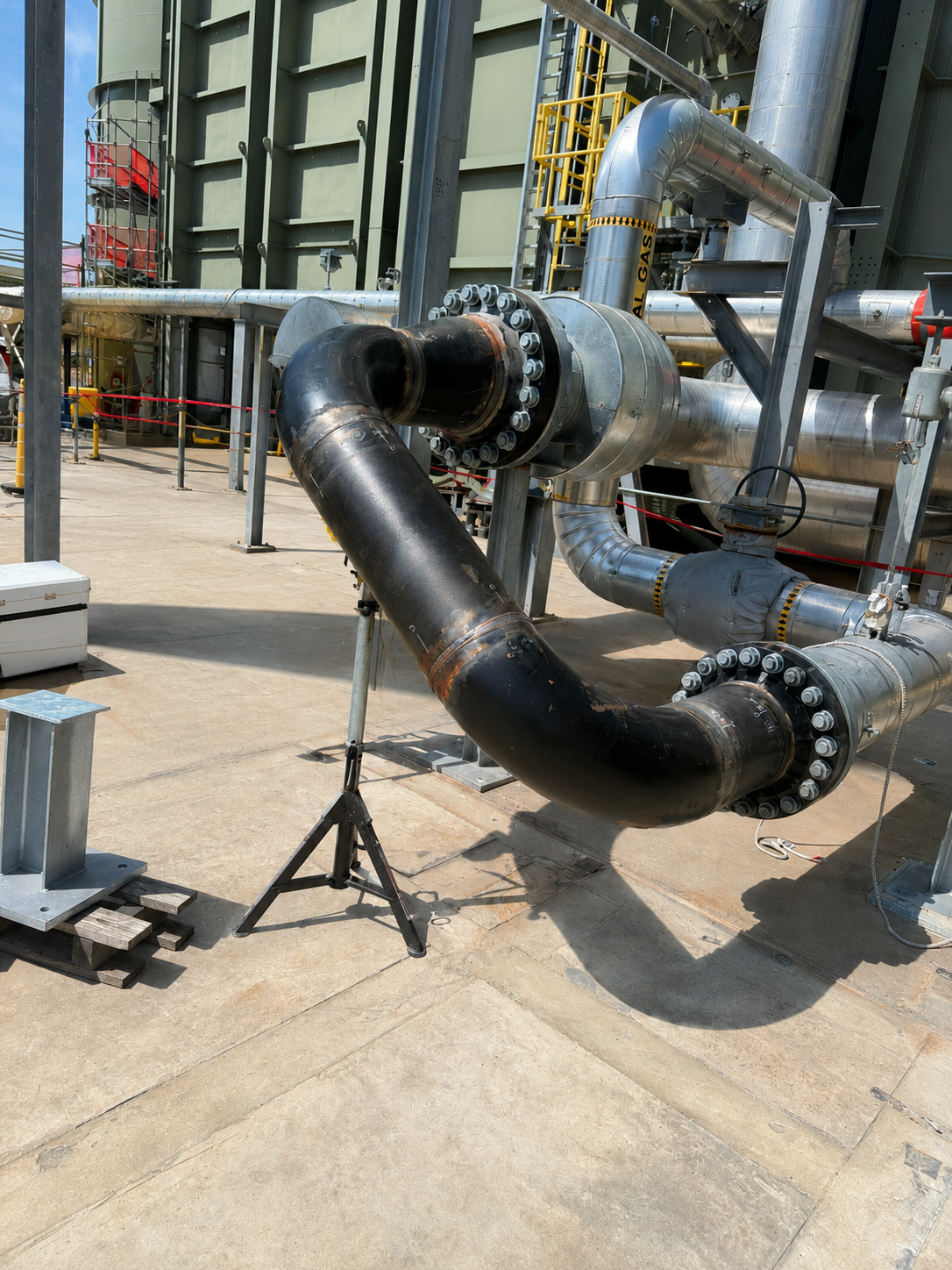 Large-diameter carbon steel process piping with flanged connections installed at an industrial facility, demonstrating heavy mechanical piping fabrication and field assembly for a Sundt project by Melting Point LLC in sC.