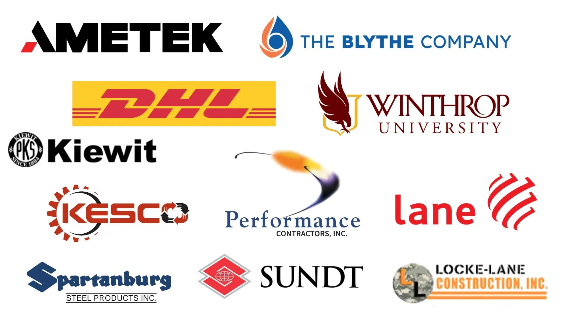 Clients of Melting Point USA, heavy industrial construction and fabrication in the carolinas: The Blythe Company, ametek, Winthrop University, DHL, Kesco, Lane Construction, Performance Contractors, Spartanburg Steel, Kiewit, Sundt, and Locke Lane Cc