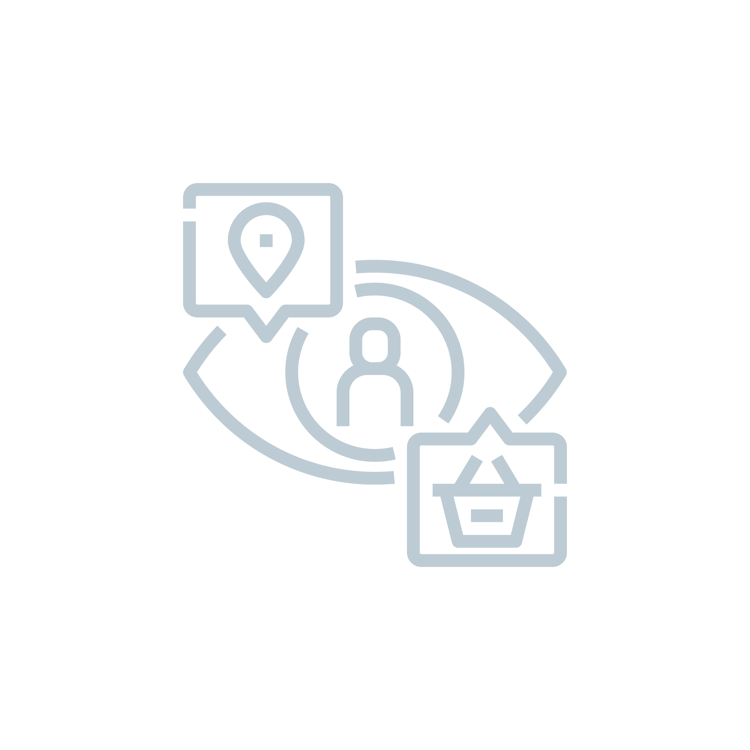 An eye with a human at the center, a pop up for location and a pop up for shopping