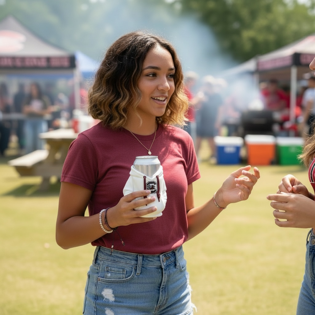 GAMECOCK HOODIE CAN HOLDER GIRL AT TAILGATE.png