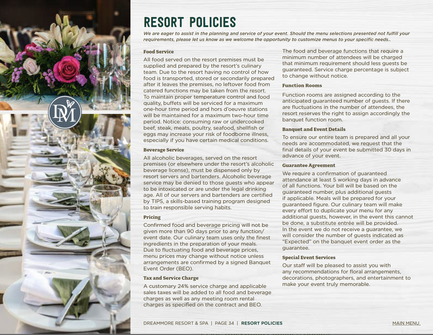 Print & Interactive: Dollywood DreamMore Resort & Spa Catering Menu