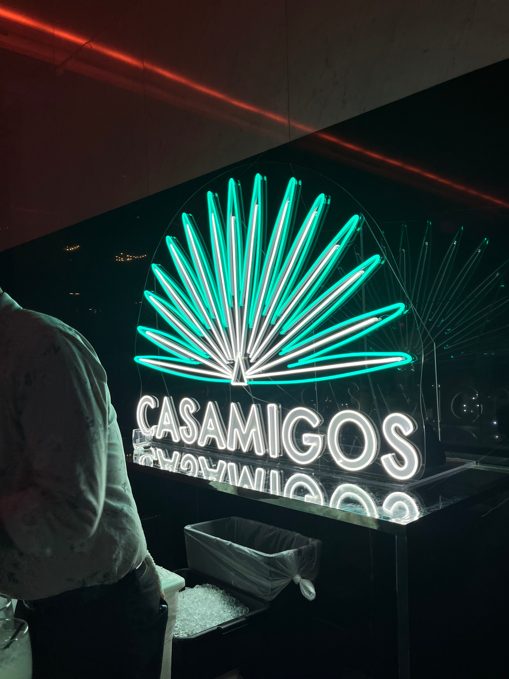 Neon sign with the word 'CASAMIGOS' and an abstract design resembling an agave plant. lluminated in teal and white, hanging against a dark background.