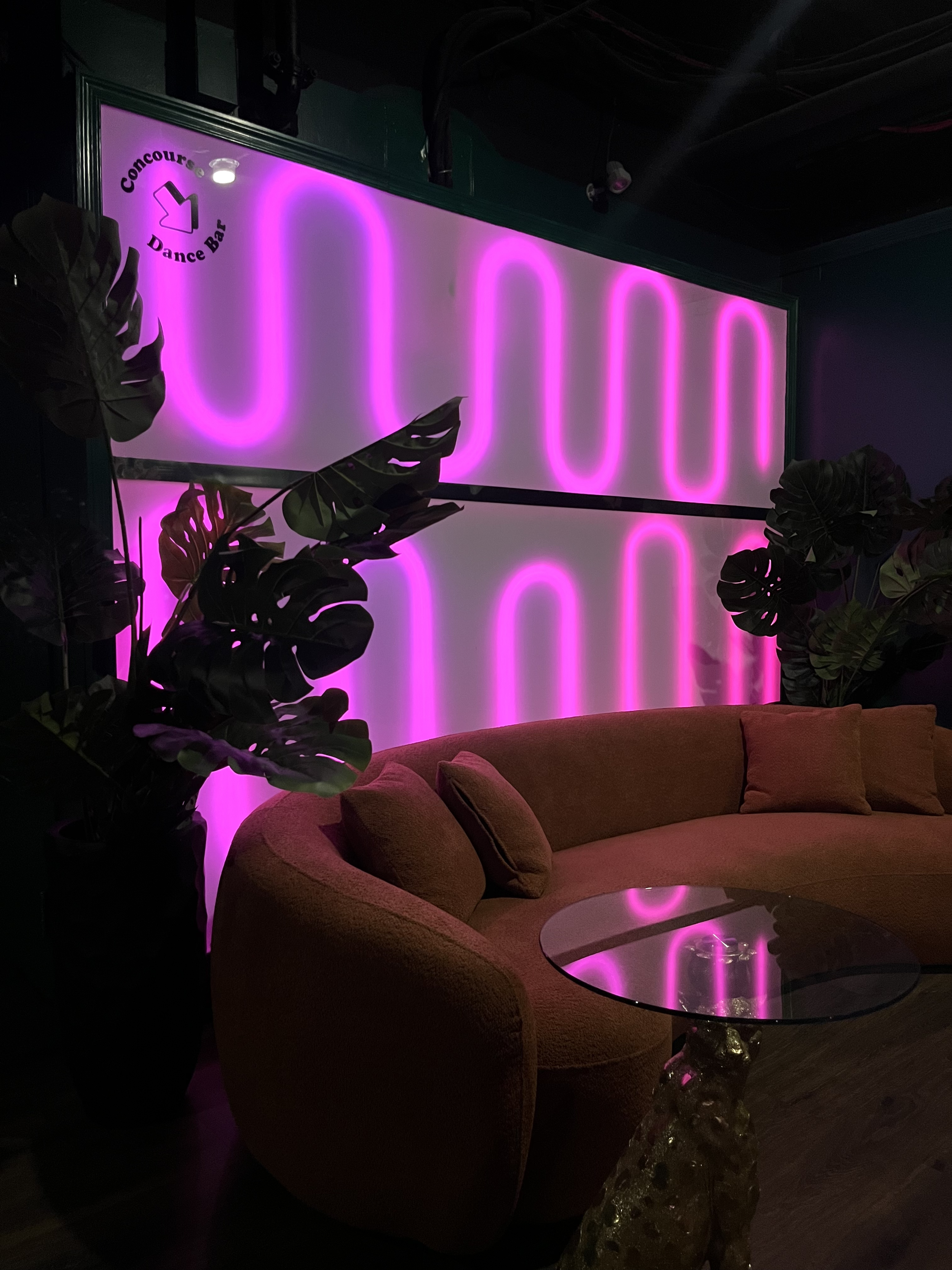 A dimly lit lounge area with a curved sofa, a glass-top table, and potted plants. Neon pink lights form large, shapes on the wall, with a small sign indicating a dance bar.