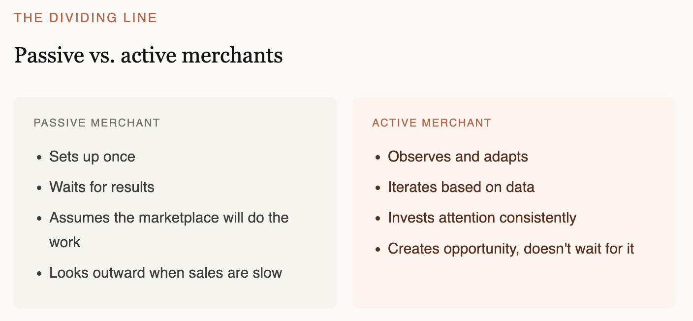 A table comparing passive and active merchants, highlighting that passive merchants set up once and wait for results, while active merchants observe, adapt, iterate, and create opportunities.