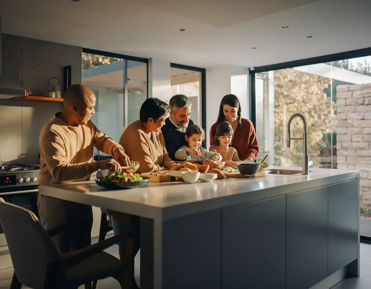 A family in the kitchen helping create traditions of building confident kids.