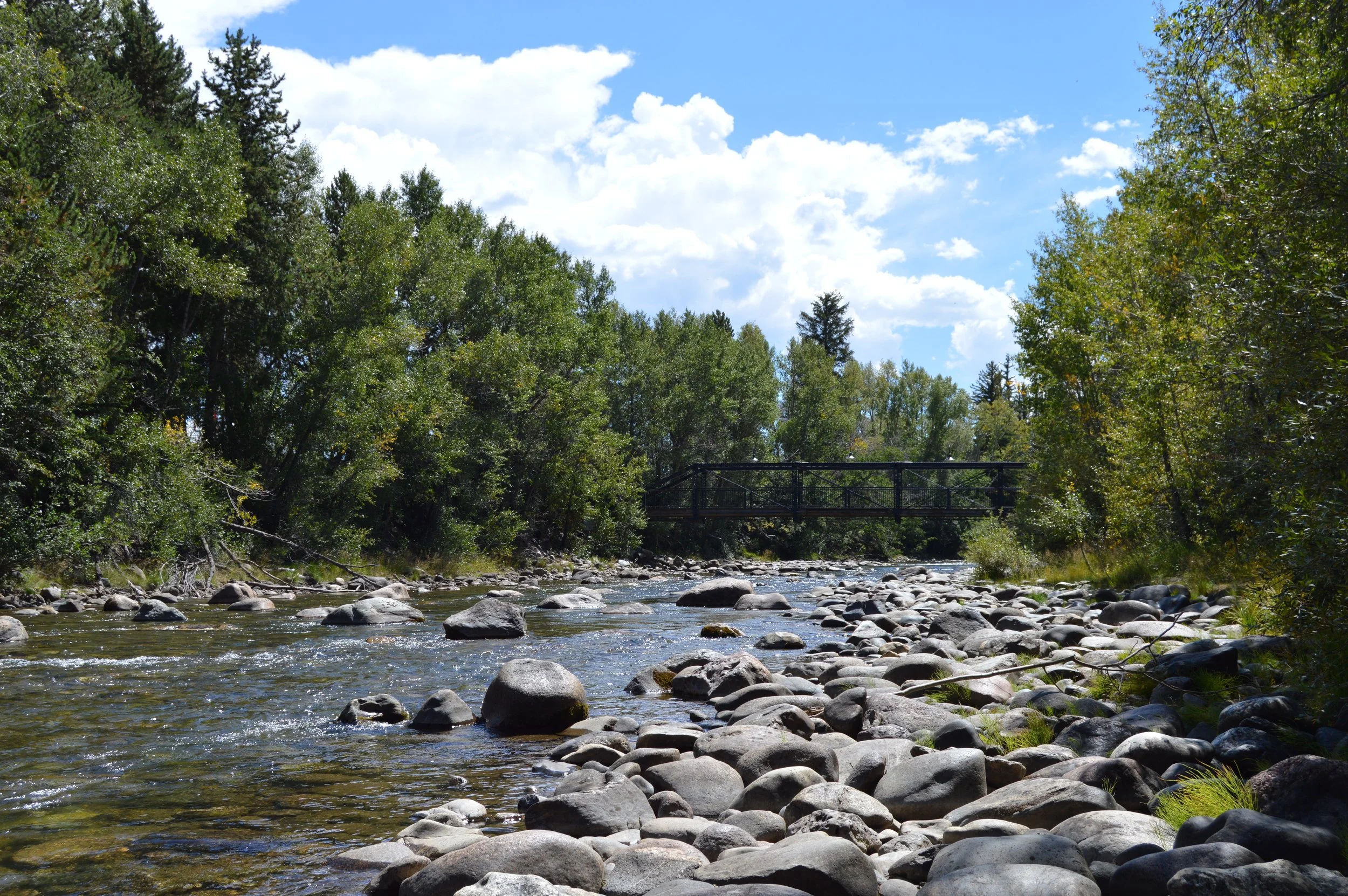 Overlooking the Colorado River with a steel walking bridge going over