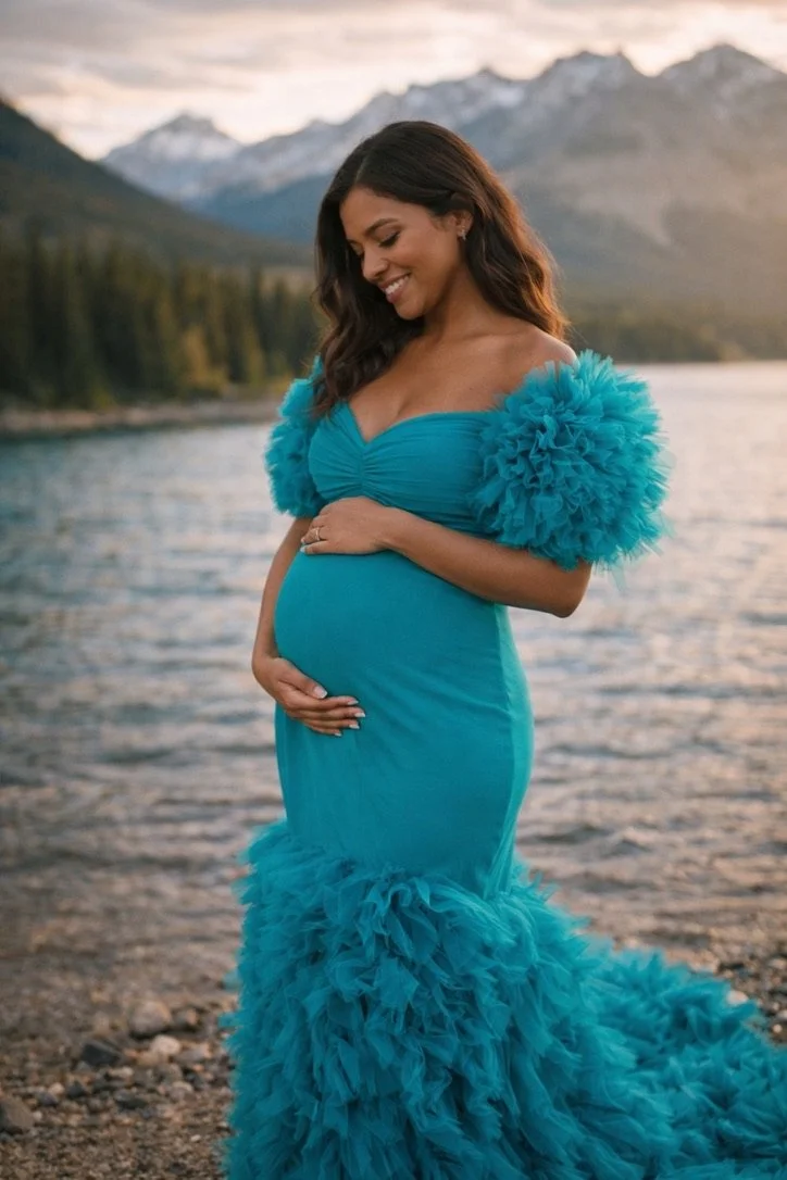 AI generated image of a pregnant woman wearing a turquoise mermaid gown with puffy ruffled tulle skirt and sleeves