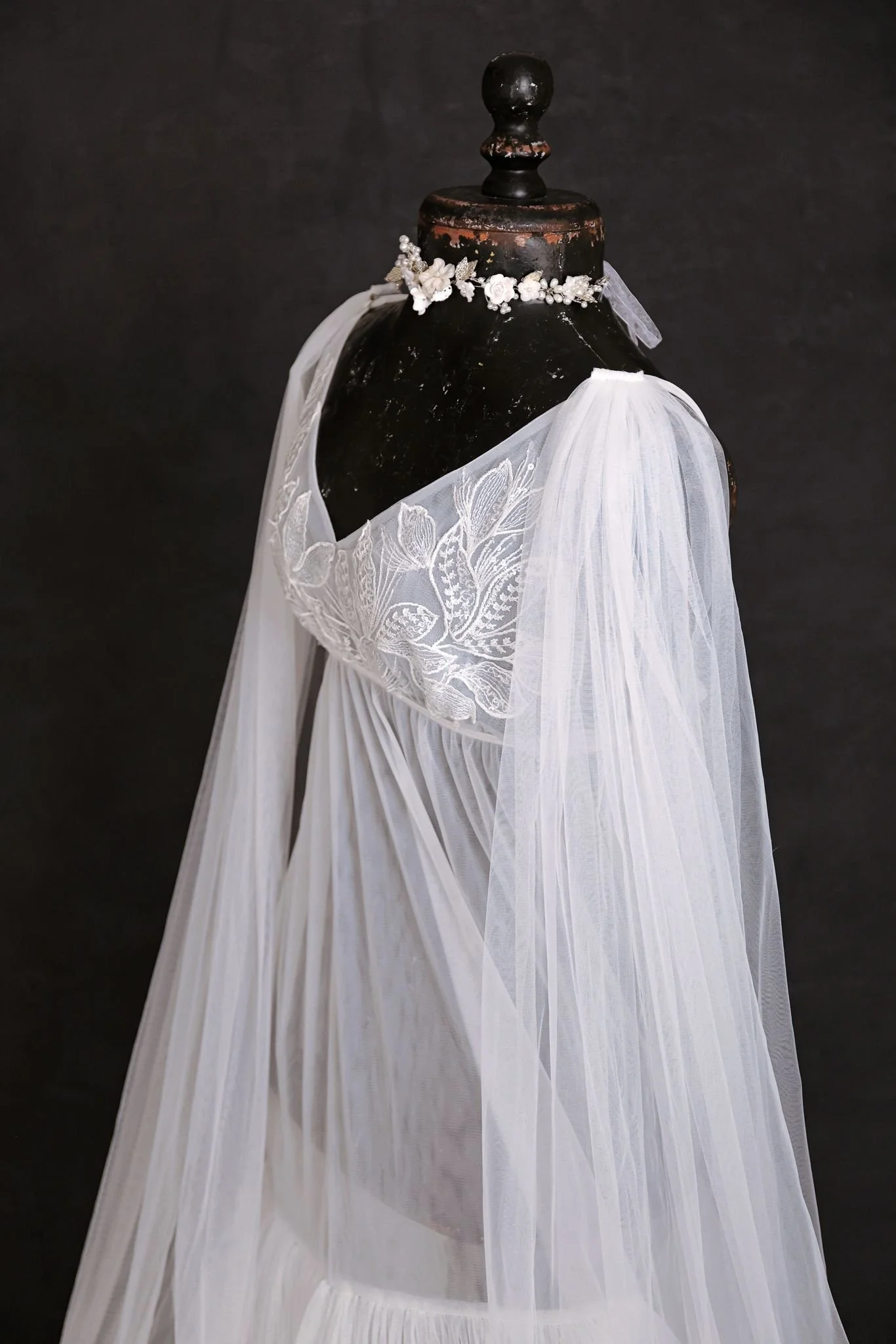 KH fashion house white boho sheer maternity gown with silver jewellery ribbon