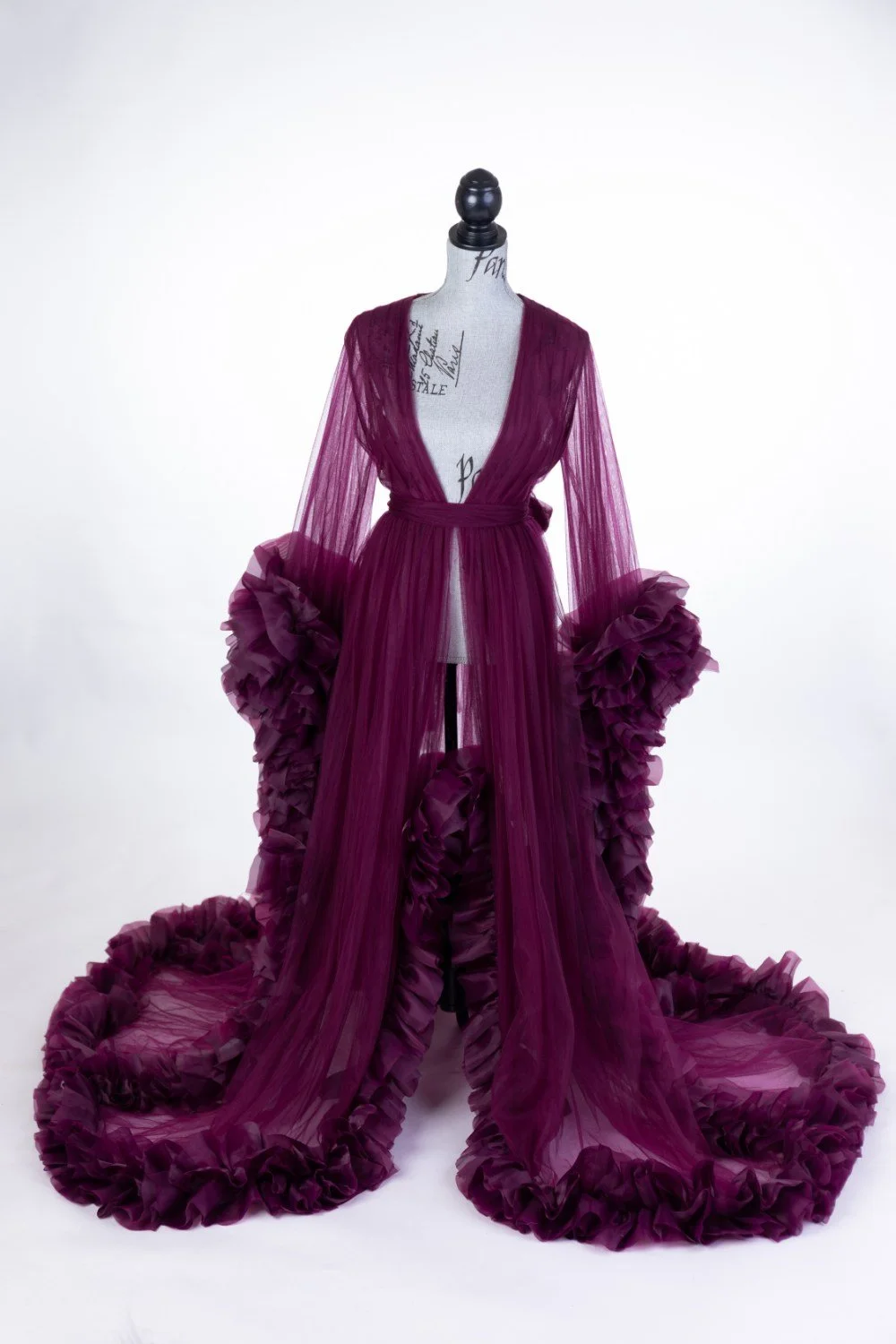 Dark purple sheer tulle maternity robe with textured tulle ruffled sleeves and long train