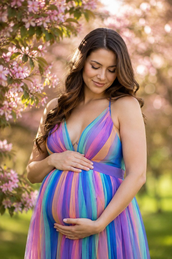 An AI generated closeup photo of a pregnant model wearing a rainbow coloured tulle rental dress in spring park photoshoot