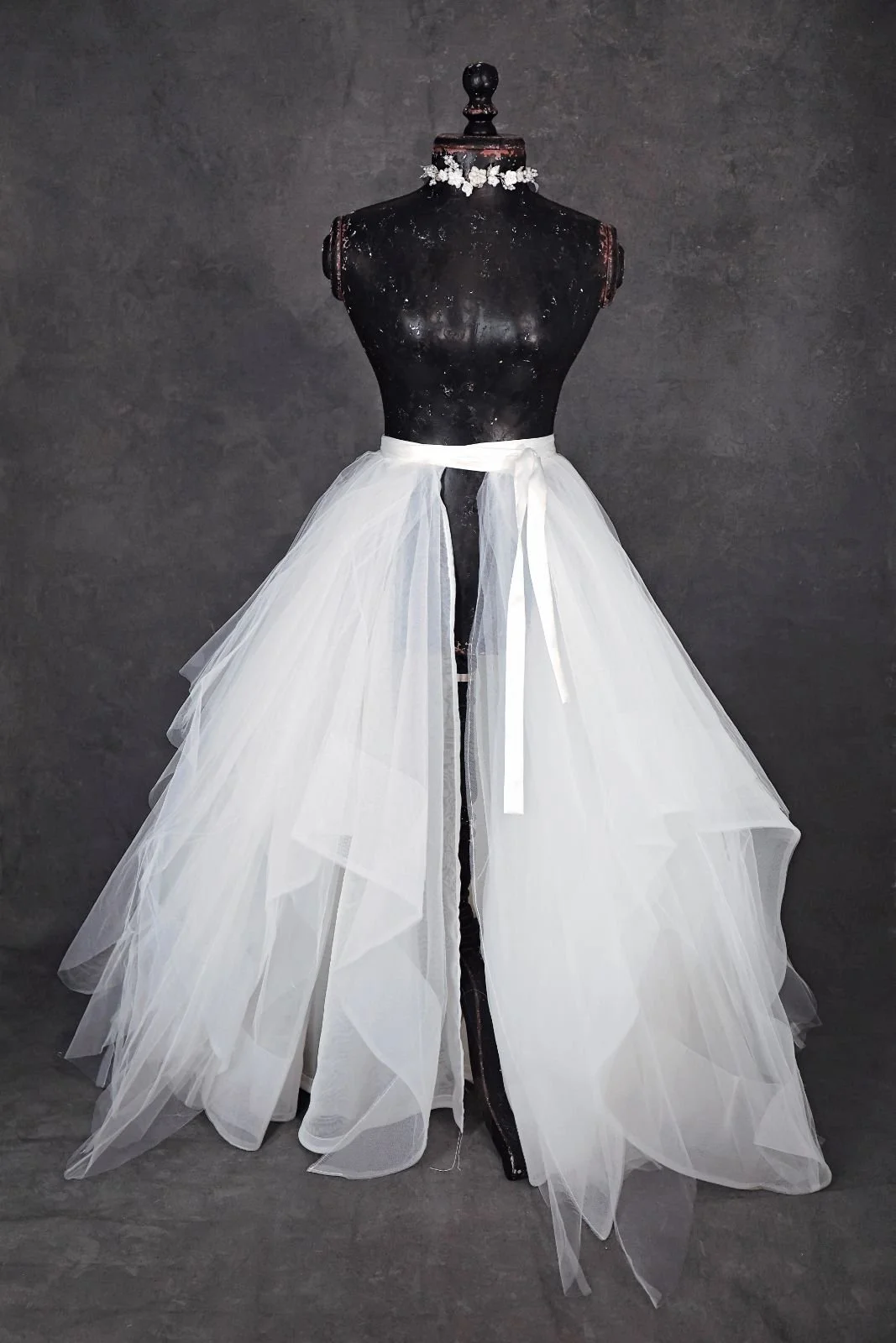 White layered tulle skirt that can be worn with rental dresses