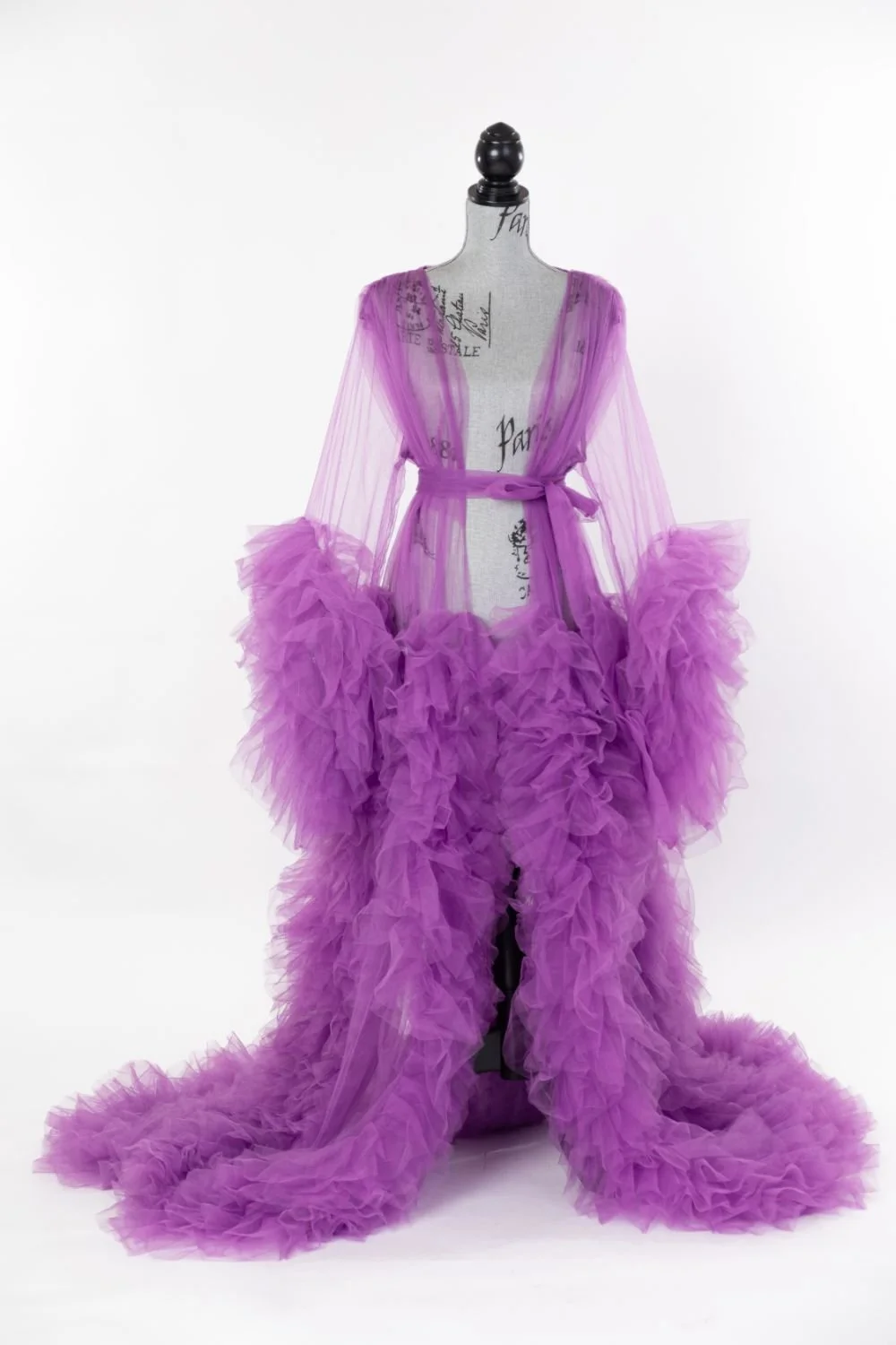 Light purple sheer tulle robe with textured ruffled sleeves and long train