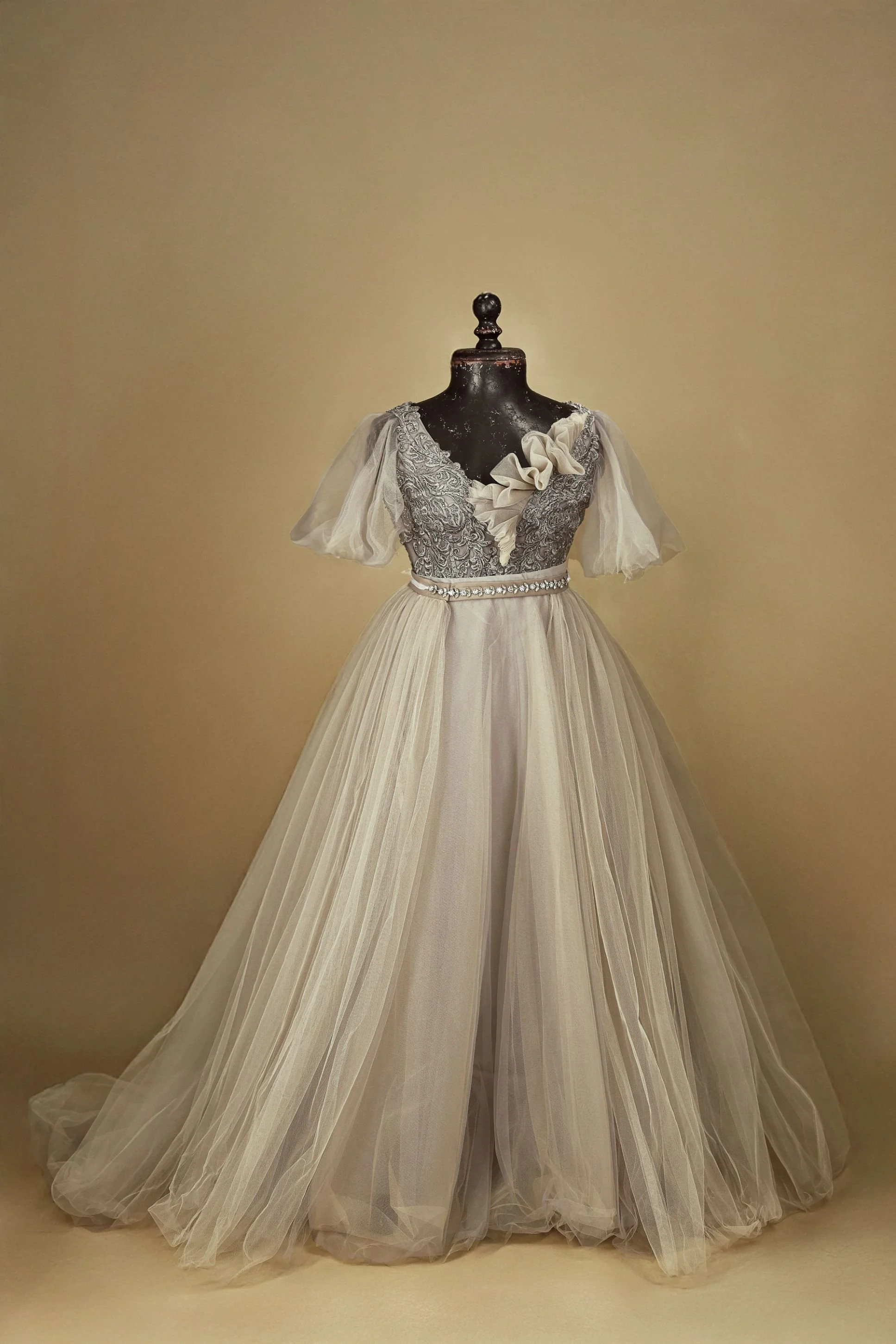 Photoshoot gown with fluffy tulle floor-length skirt and silver embroidered flowery corset