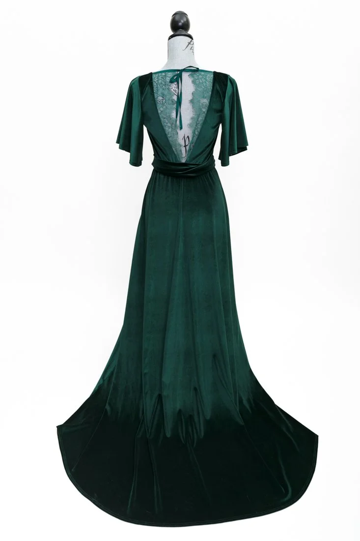 Back view of Green Open Back Dress with Lace for rent in Calgary