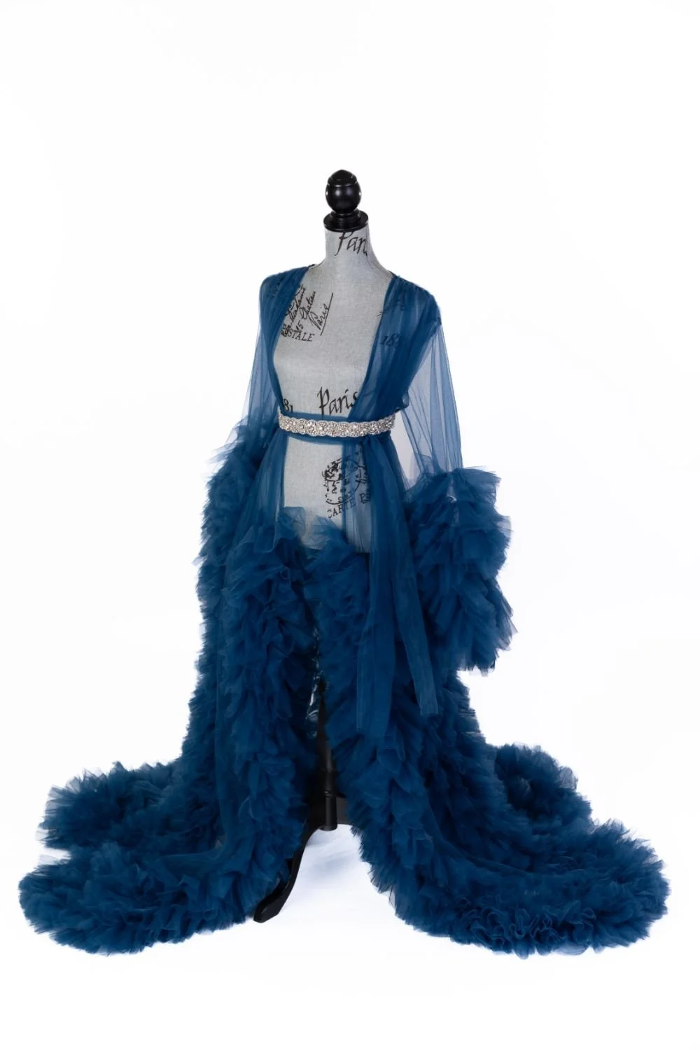 Blue sheer tulle maternity robe with textured tulle ruffled sleeves and long train