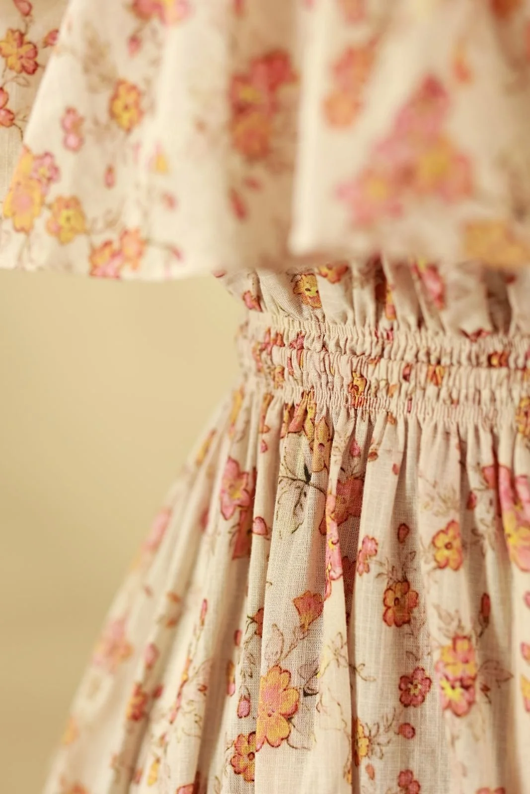 Close up view of floral cotton gown fabric