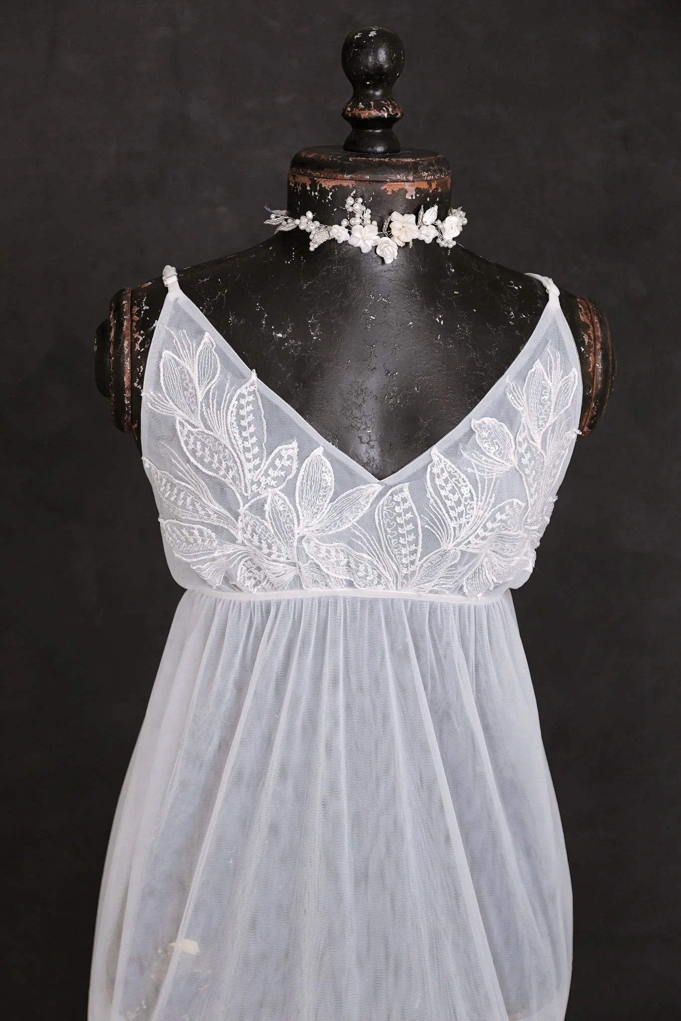 Close up of KH fashion house gown, showing just strappy dress without long sleeves attached