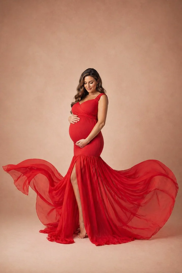 An AI generated image of a pregnant woman wearing a red bodycon mermaid skirt dress in a studio maternity photoshoot