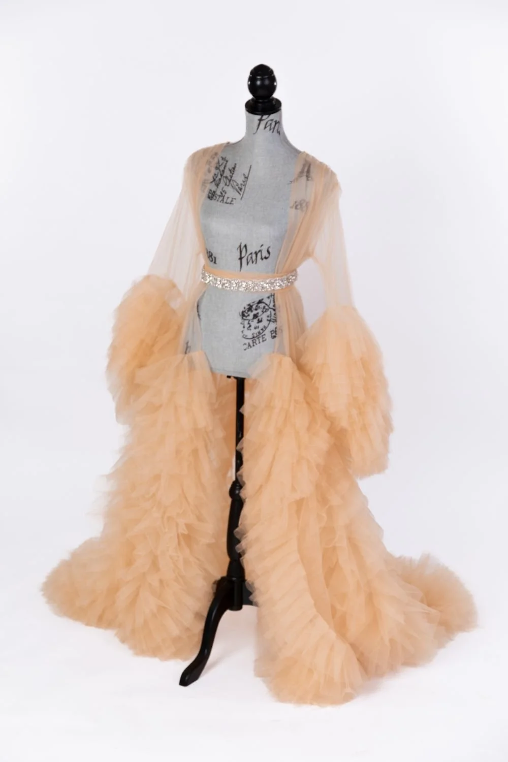 Beige tulle sheer robe with puffy sleeves and trailing textured train
