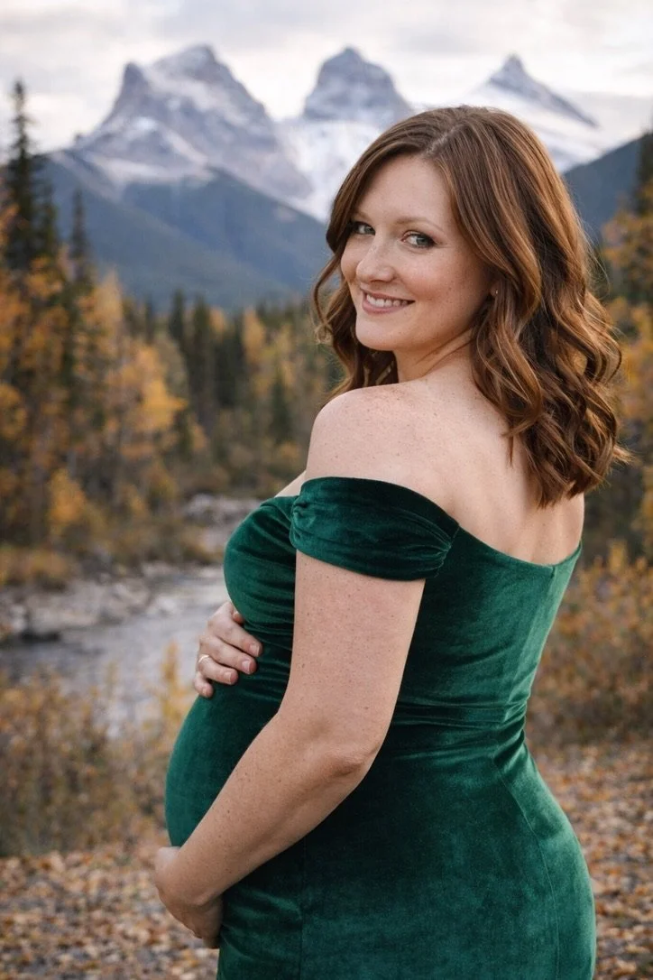 AI generated image of pregnant model standing in outdoor photoshoot, wearing a velvet green designer bodycon mermaid dress