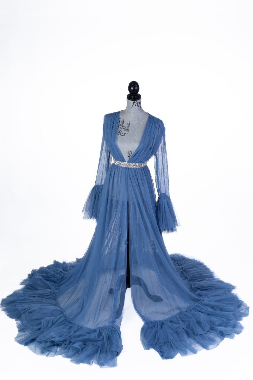 Sky blue maternity rental sheer robe on its own