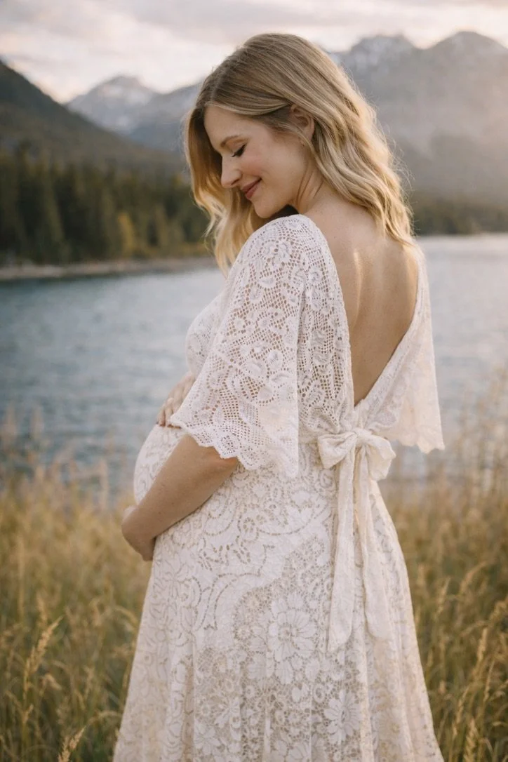 AI generated image of a pregnant woman wearing a white boho lace embroidered Reclamation Company dress