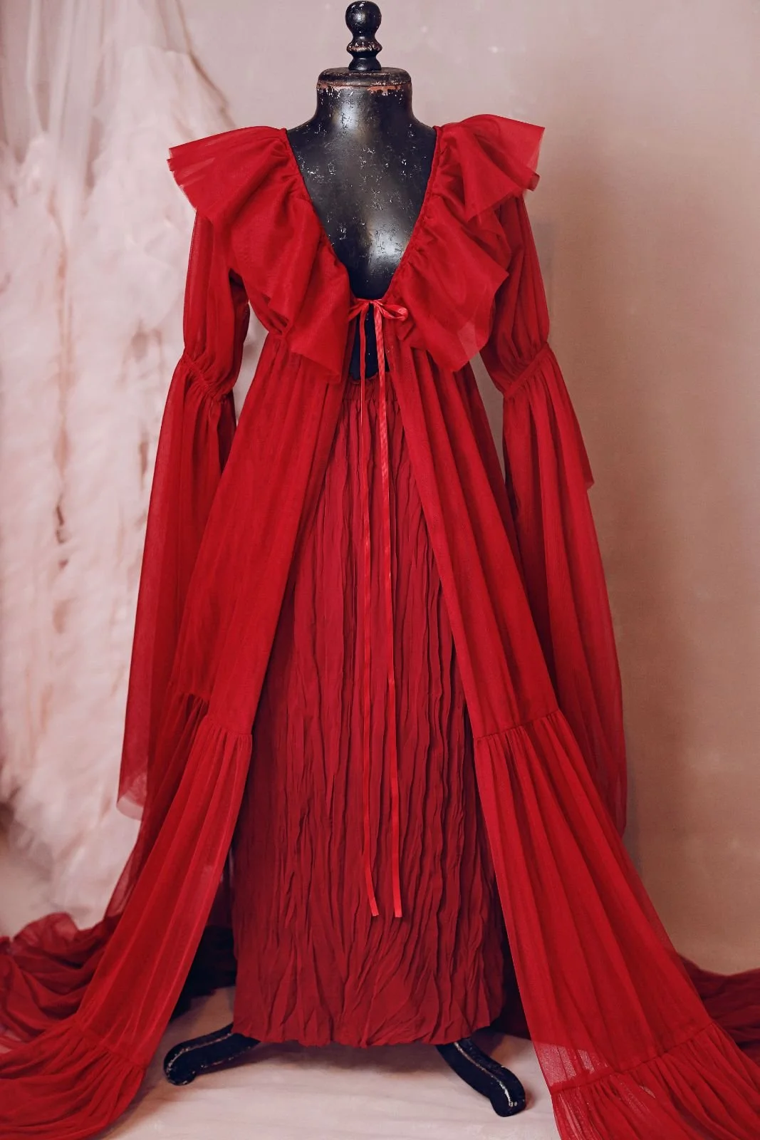 Red sheer tulle robe with red textured boho skirt