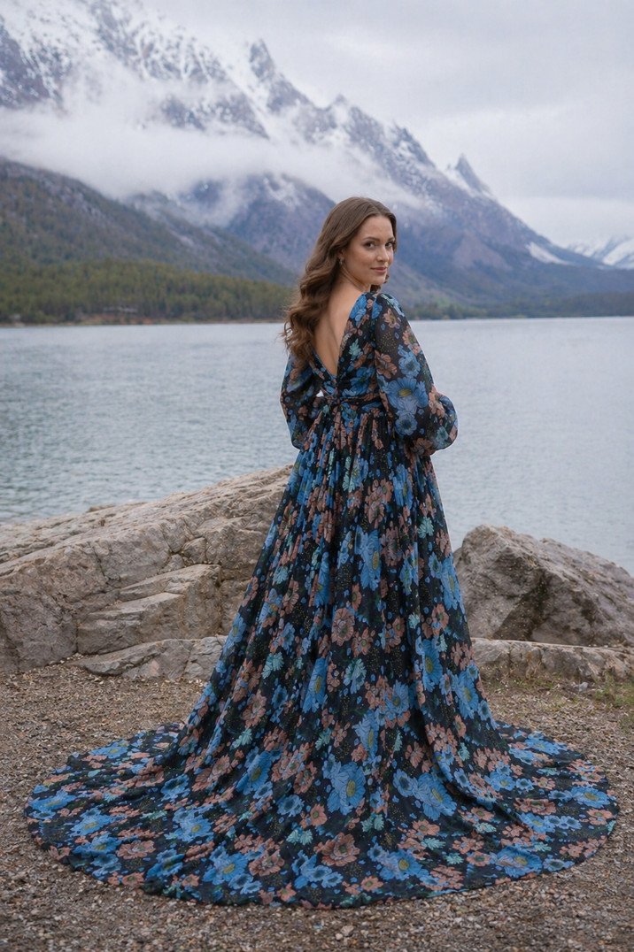 An AI generated image of a pregnant model wearing a long black floral gown, showing the open back design of the gown