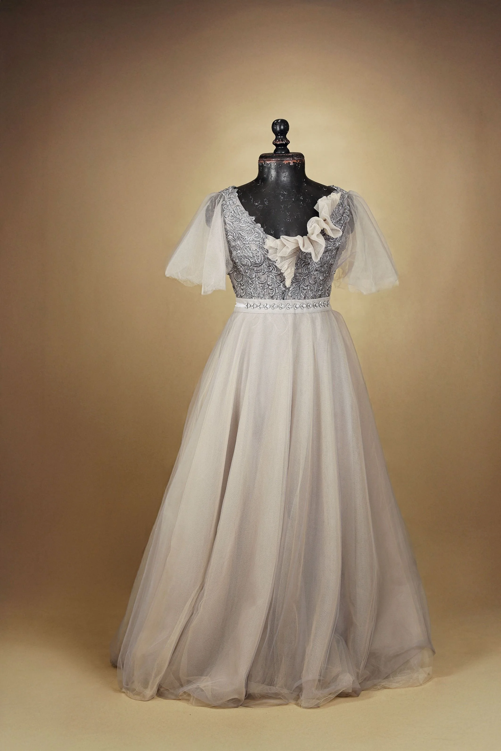 Photoshoot gown with fluffy tulle floor-length skirt and silver embroidered flowery corset