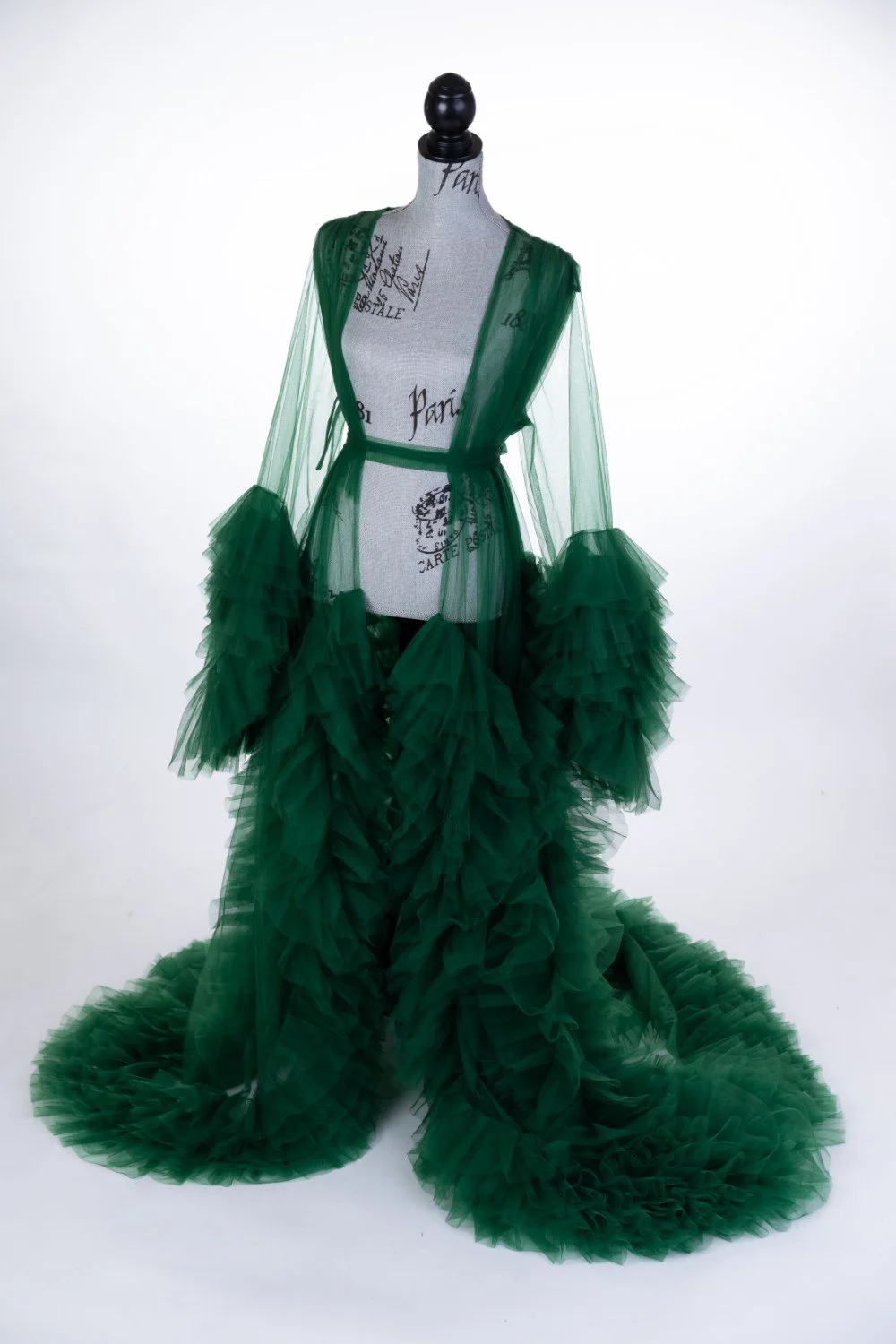 Green sheer tulle maternity robe with textured tulle ruffled sleeves and long train