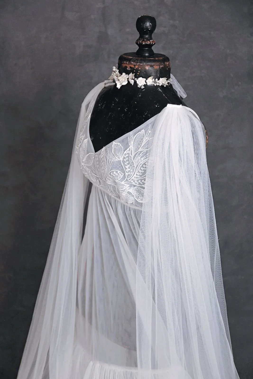 KH fashion house white boho sheer maternity gown with silver jewellery ribbon