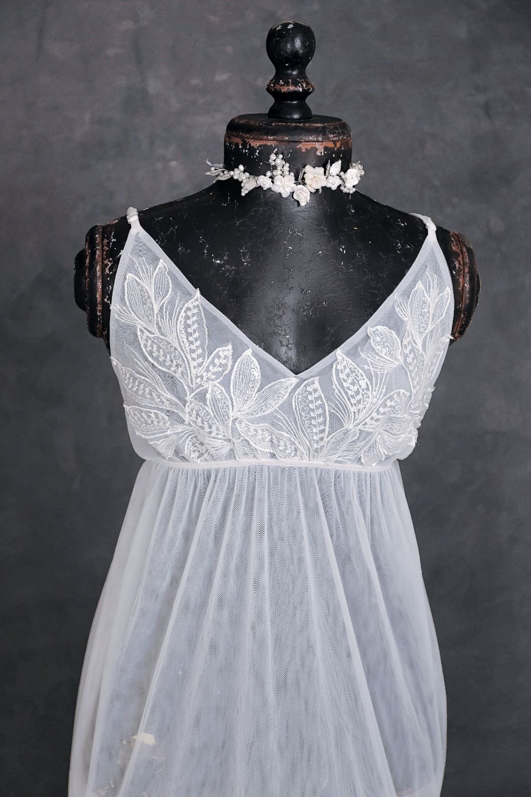 Close up of KH fashion house gown, showing just strappy dress without long sleeves attached