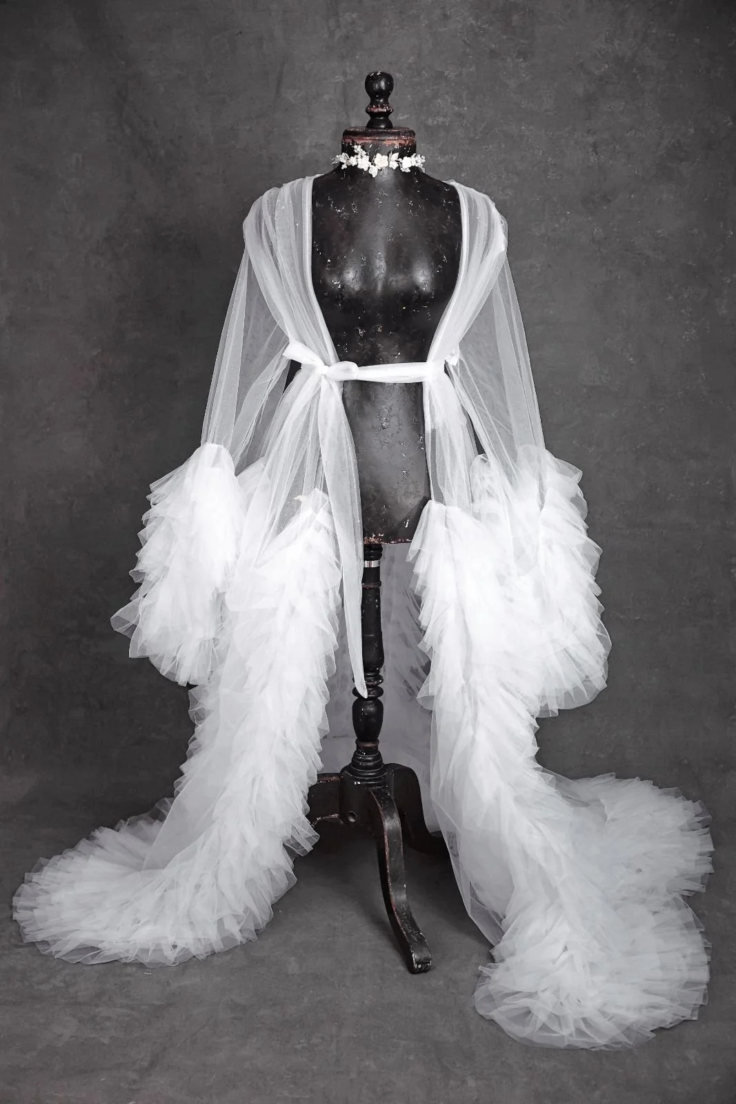 Just white tulle sheer robe on its own with silver jewellery ribbon
