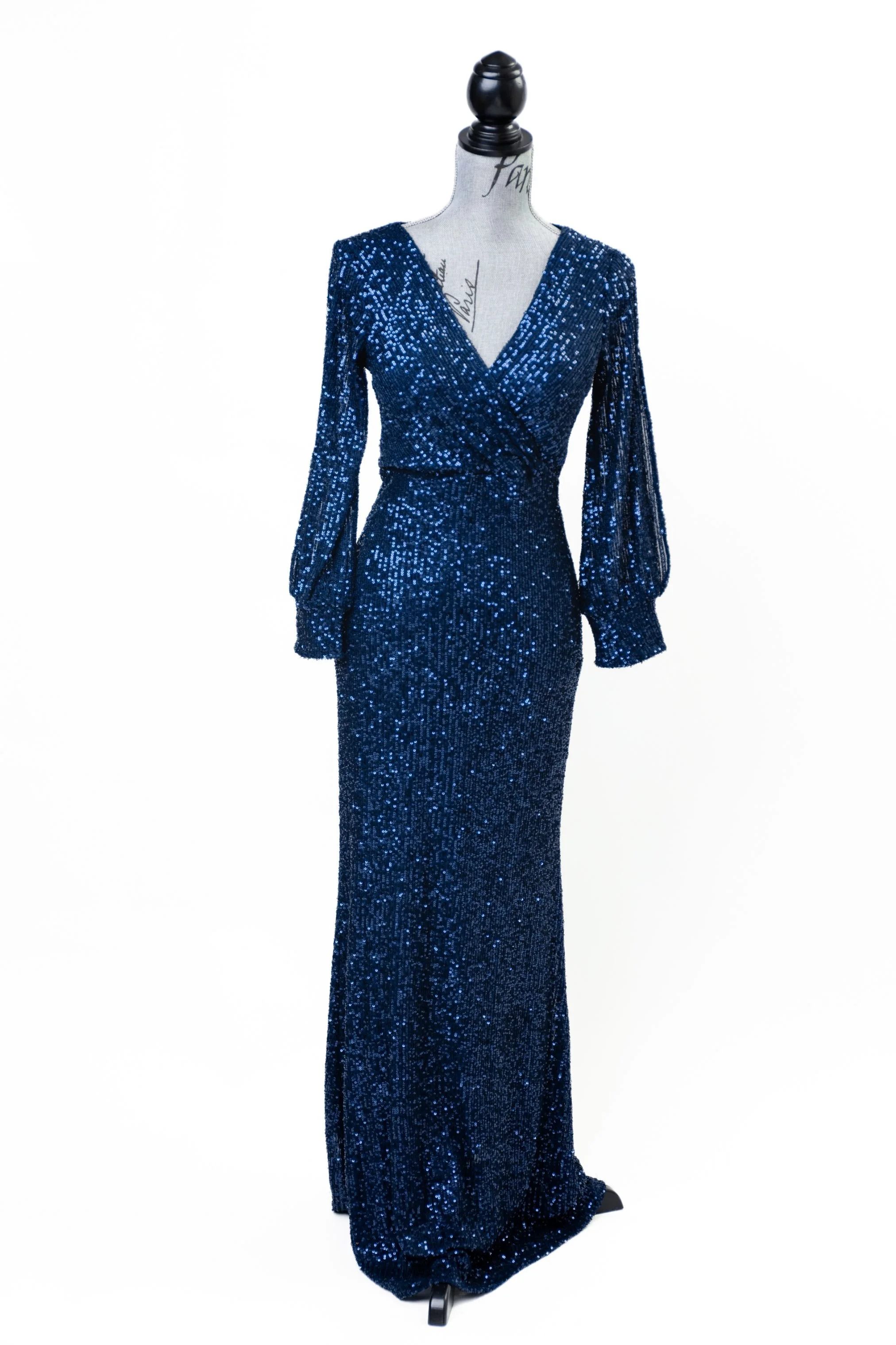Blue sparkly sequin dress with V-neck and floor length skirt, for photoshoots in Calgary